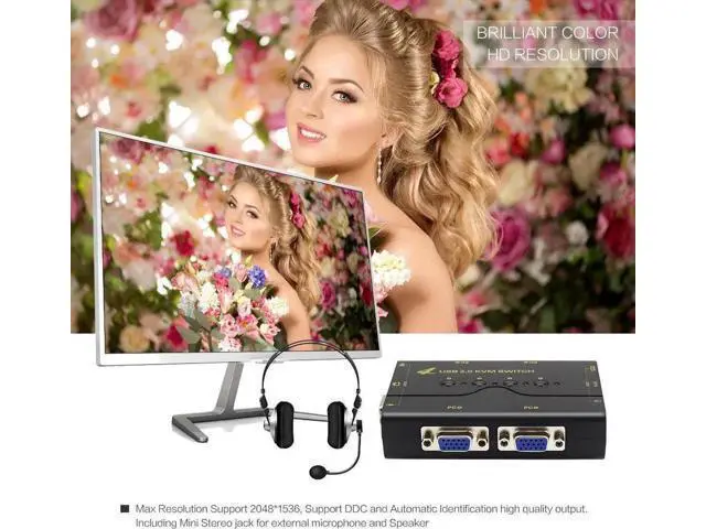 Alt view image 5 of 6 - 4-Port VGA KVM Switch with USB Hub & Audio, Supports Wireless Keyboard & Mouse, Push Button Switching