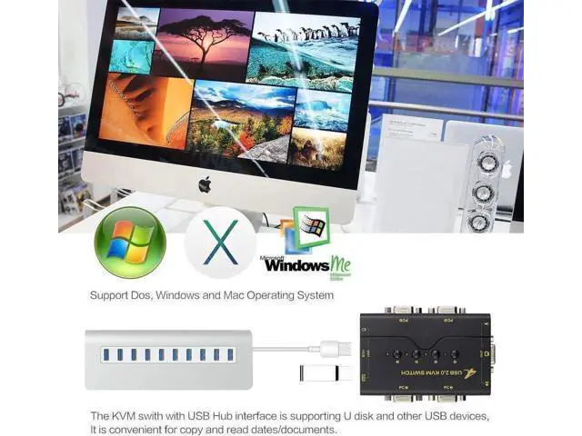 Alt view image 6 of 6 - 4-Port VGA KVM Switch with USB Hub & Audio, Supports Wireless Keyboard & Mouse, Push Button Switching