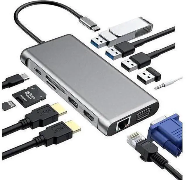 Main image of 12 in 1 Triple Monitor USB C Docking Station, Universal USB-C Dock Compatible with Thunderbolt 3/4, with 4K HDMI & USB 3.0 Ports, Gray Multiport Hub for MacBook Pro/Air M1/M2 & All Windows Laptops