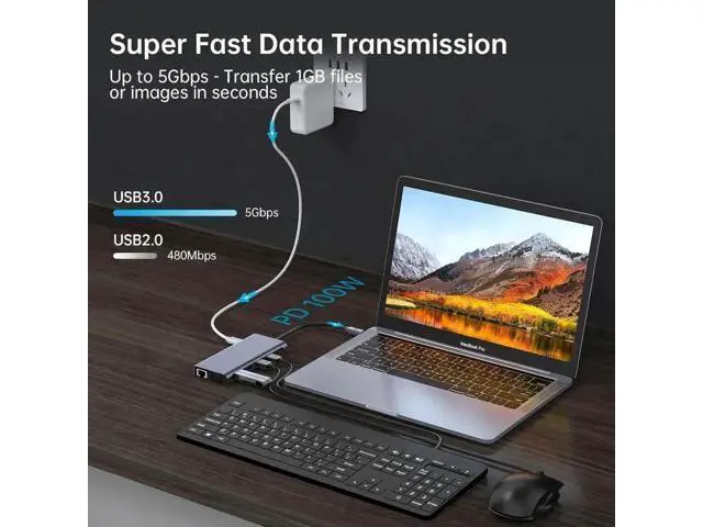 Alt view image 3 of 7 - 12 in 1 Triple Monitor USB C Docking Station, Universal USB-C Dock Compatible with Thunderbolt 3/4, with 4K HDMI & USB 3.0 Ports, Gray Multiport Hub for MacBook Pro/Air M1/M2 & All Windows Laptops
