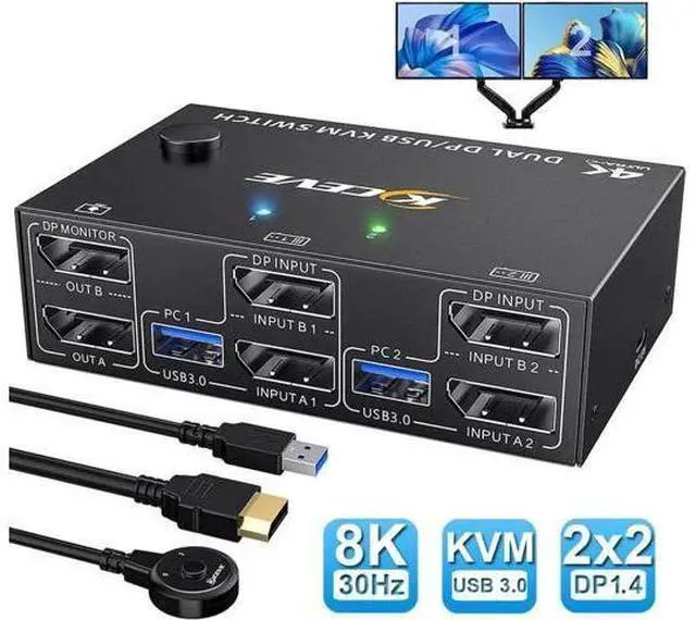 Main image of 2 Port 2-In-2-Out Dual Monitor DP 1.4 KVM Switch 8K@30Hz 4K@144Hz USB 3.0, Wired Remote Controller, 4 USB 3.0 Ports, Complete with 4 Matching Cables for 2 PCs Share Dual Displays & USB Peripherals