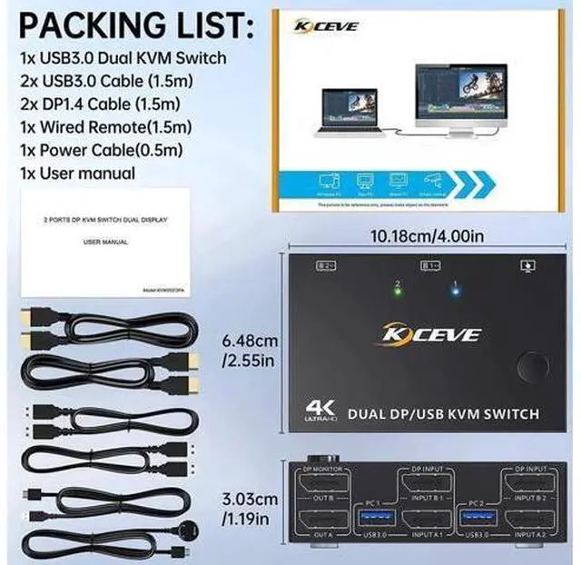 Alt view image 3 of 7 - 2 Port 2-In-2-Out Dual Monitor DP 1.4 KVM Switch 8K@30Hz 4K@144Hz USB 3.0, Wired Remote Controller, 4 USB 3.0 Ports, Complete with 4 Matching Cables for 2 PCs Share Dual Displays & USB Peripherals
