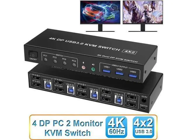 Main image of 4-Port Dual DP USB3.0 KVM Switch 4 In 2 Out, 4K@60Hz, Audio & Mic Jacks, 3 USB3.0 Ports