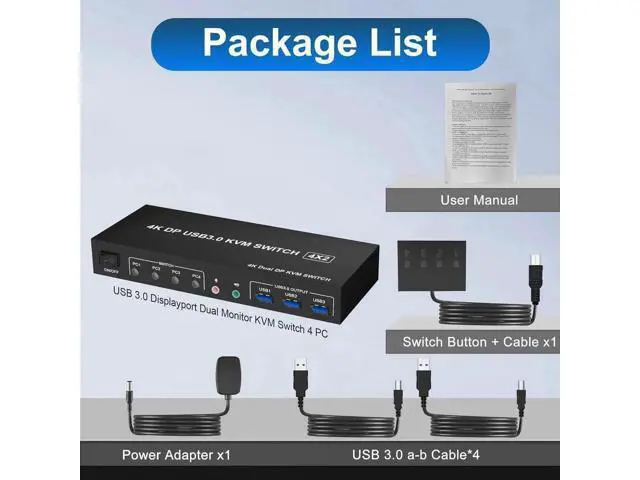 Alt view image 3 of 7 - 4-Port Dual DP USB3.0 KVM Switch 4 In 2 Out, 4K@60Hz, Audio & Mic Jacks, 3 USB3.0 Ports
