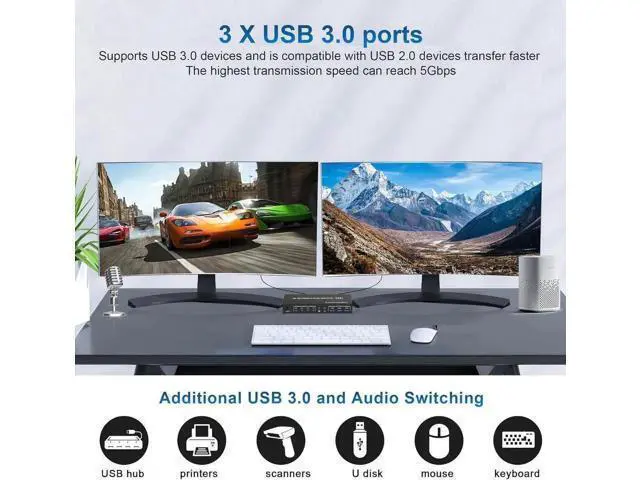 Alt view image 4 of 7 - 4-Port Dual DP USB3.0 KVM Switch 4 In 2 Out, 4K@60Hz, Audio & Mic Jacks, 3 USB3.0 Ports