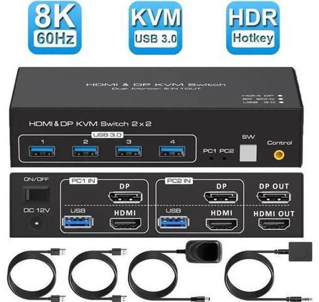 Main image of 2 Port Dual Monitor HDMI+DP Hybrid KVM Switch 8K@60Hz with 4-Port USB 3.0 Hub, Desktop Controller & USB/HDMI Cables Included for 2 PCs Share 2 Displays