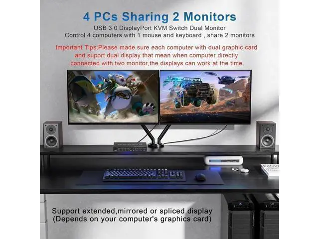 Alt view image 7 of 7 - 4-Port Dual DP USB3.0 KVM Switch 4 In 2 Out, 4K@60Hz, Audio & Mic Jacks, 3 USB3.0 Ports