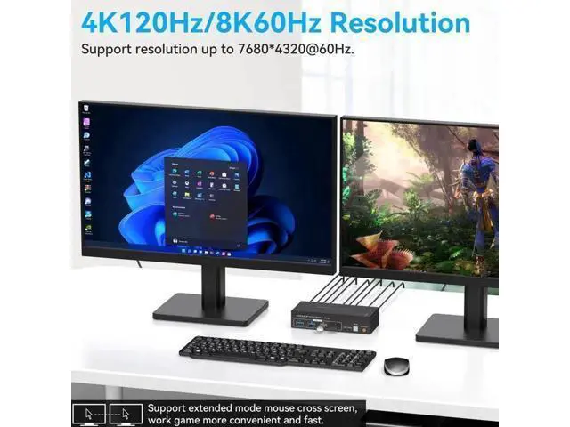 Alt view image 2 of 7 - 2 Port Dual Monitor HDMI+DP Hybrid KVM Switch 8K@60Hz with 4-Port USB 3.0 Hub, Desktop Controller & USB/HDMI Cables Included for 2 PCs Share 2 Displays