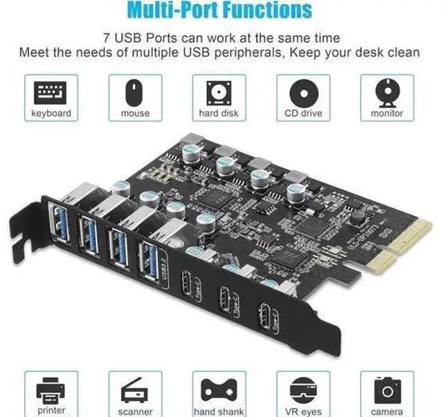 Alt view image 4 of 7 - 7-Port PCIe USB 3.2 Gen2 Expansion Card, 10Gbps Super Speed PCI Express Hub Adapter (3×USB-C + 4×USB-A), Compatible PCIe X4/X8/X16 Slots for Desktop Motherboard