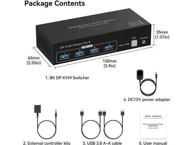 Alt view image 5 of 7 - 2 Port Dual Monitor DP 1.4 KVM Switch 8K@60Hz 4K@120Hz USB 3.0, External Desktop Controller, 4 USB 3.0 Ports for 2 PCs Share Dual Displays, Keyboard, Mouse & Printer