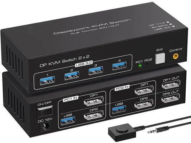 Main image of 2 Port 2-In-2-Out Dual Monitor DP 1.4 KVM Switch 8K@60Hz 4K@120Hz USB 3.0, External Desktop Controller, 4 USB 3.0 Ports for 2 PCs Share Dual Displays, Keyboard, Mouse & Printer
