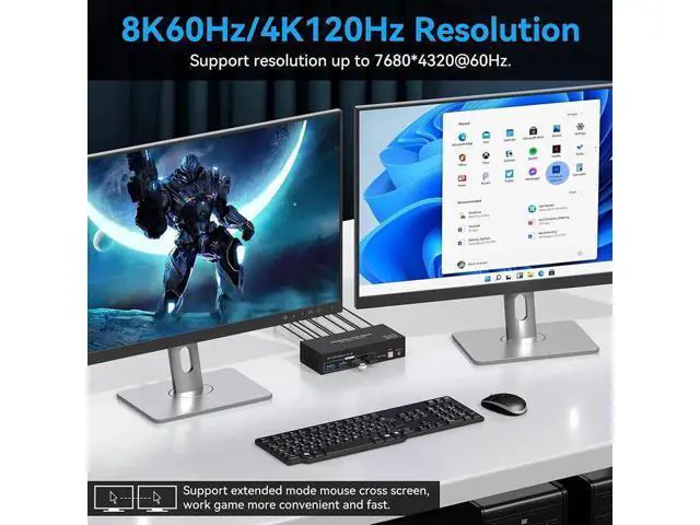 Alt view image 2 of 7 - 2 Port 2-In-2-Out Dual Monitor DP 1.4 KVM Switch 8K@60Hz 4K@120Hz USB 3.0, External Desktop Controller, 4 USB 3.0 Ports for 2 PCs Share Dual Displays, Keyboard, Mouse & Printer
