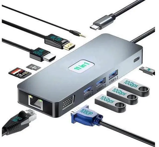 Main image of 11-in-1 USB-C Docking Station, Triple Display Hub with 4K@60Hz HDMI, 1080P VGA, DisplayPort, 3×10Gbps USB3.2 Gen2, Gigabit Ethernet, 100W PD Charging, SD TF Card Reader for Laptop Phone Surface Tablet