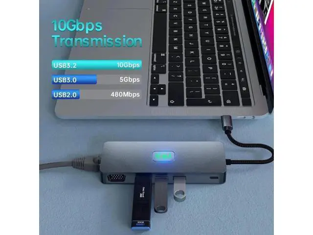 Alt view image 7 of 7 - 11-in-1 USB-C Docking Station, Triple Display Hub with 4K@60Hz HDMI, 1080P VGA, DisplayPort, 3×10Gbps USB3.2 Gen2, Gigabit Ethernet, 100W PD Charging, SD TF Card Reader for Laptop Phone Surface Tablet