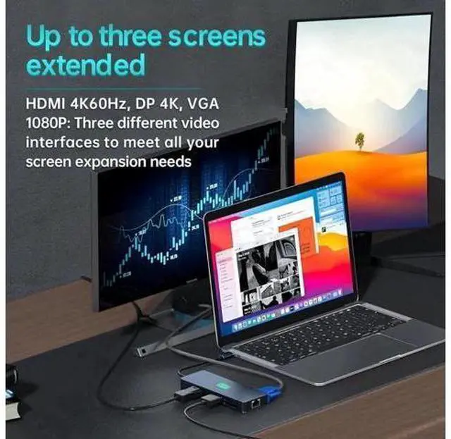 Alt view image 6 of 7 - 11-in-1 USB-C Docking Station, Triple Display Hub with 4K@60Hz HDMI, 1080P VGA, DisplayPort, 3×10Gbps USB3.2 Gen2, Gigabit Ethernet, 100W PD Charging, SD TF Card Reader for Laptop Phone Surface Tablet