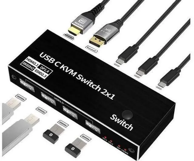 Main image of 2x1 USB-C KVM Switch, Support 8K@60Hz & 4K@120Hz, 2 Type-C Hosts Share 1 Monitor (HDMI/DP Dual Output), Built-in 4 USB 2.0 Ports, 2 USB-C Cables Included