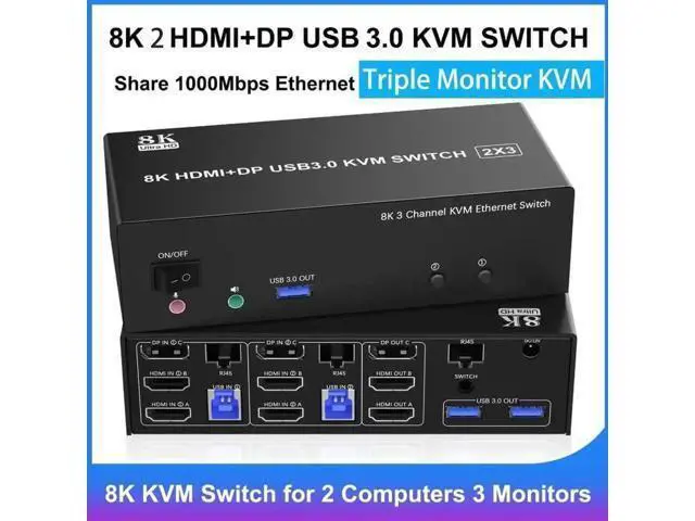 Main image of 2 Port Triple Monitor 2HDMI+DP KVM Switch USB3.0, With 1000Mbps RJ45 Ethernet, 3 USB3.0 Ports, 3.5mm Audio Mic & Wired Remote for 2 PCs Share 3 Displays