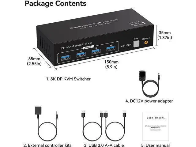 Alt view image 6 of 7 - 2×2 Dual Monitor DP 1.4 USB 3.0 KVM Switch, 8K@60Hz / 4K@120Hz, 4 USB3.0 Ports, Desktop Controller Included for 2 PCs Sharing 2 Monitors, Keyboard, Mouse & Printer