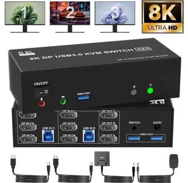 Main image of 2 PCs Triple Monitor DP 1.4 KVM Switch 8K@60Hz 4K@144Hz USB 3.0, Audio & Mic Jack, 3 USB 3.0 Ports, Wired Remote & 5V Power Adapter Included for 2 Hosts Share 3 Displays