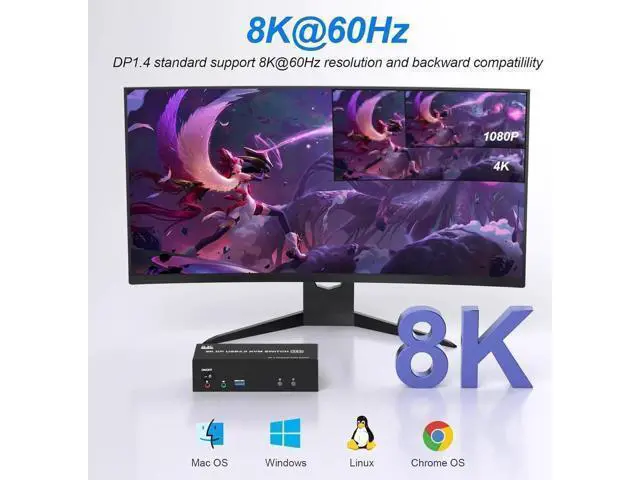 Alt view image 6 of 7 - 2 PCs Triple Monitor DP 1.4 KVM Switch 8K@60Hz 4K@144Hz USB 3.0, Audio & Mic Jack, 3 USB 3.0 Ports, Wired Remote & 5V Power Adapter Included for 2 Hosts Share 3 Displays