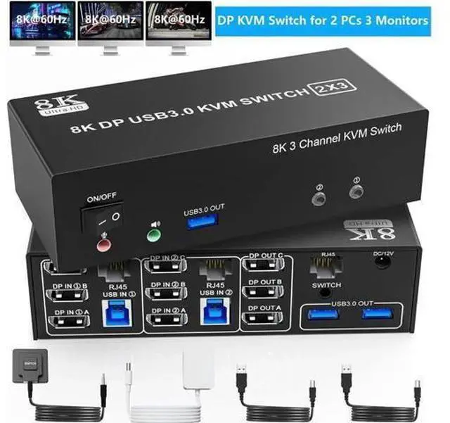 Main image of 2 PCs Triple Monitor DP 1.4 KVM Switch 8K@60Hz 4K@144Hz USB3.0, Built-in 1-to-2 RJ45 Ethernet Splitter, Audio & Mic Jack, 3 USB 3.0 Ports for Sharing 3 Displays, Network & USB Peripherals