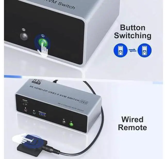 Alt view image 3 of 7 - 2 PCs Triple Monitor 1HDMI+2DP Hybrid KVM Switch 8K@60Hz 4K@144Hz USB 3.0, Audio & Mic Jack, 3 USB 3.0 Ports, Mirror & Extended Display Modes for 2 Hosts Share 3 Displays