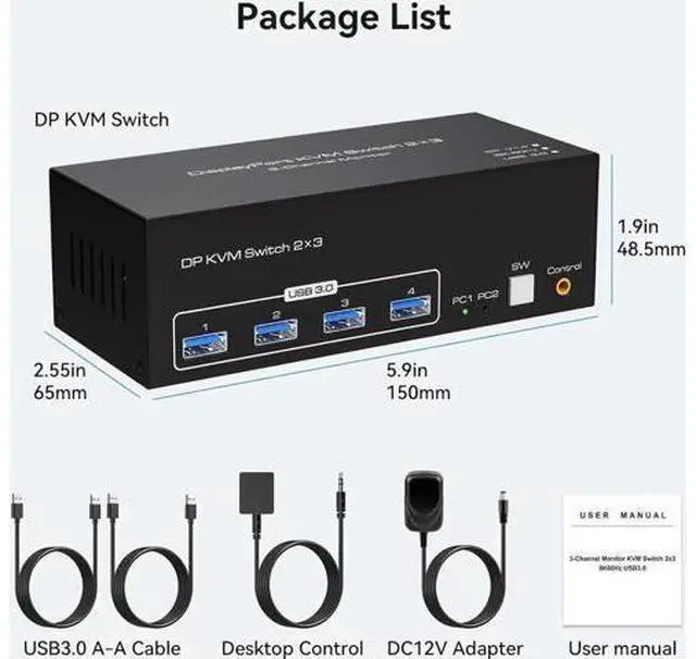 Alt view image 5 of 7 - 2-Port Triple Monitor DP KVM Switch, 8K/4K@120Hz, 4 USB3.0 Ports, Wired Controller & 12V Power Adapter Included