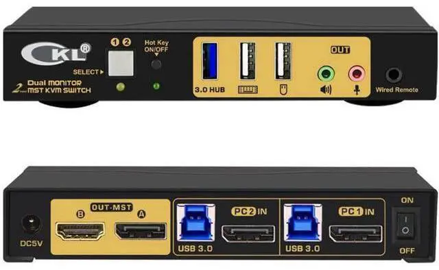 Main image of CKL 2-Port DP MST KVM Switch, 1 DP Input to 1 DP + 1 HDMI Output for 2 PCs 2 Monitors