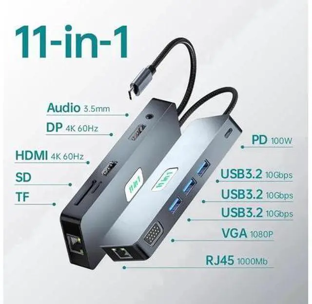 Alt view image 5 of 7 - 11-in-1 USB-C Docking Station, Triple Display Hub with 4K@60Hz HDMI, 1080P VGA, DisplayPort, 3×10Gbps USB3.2 Gen2, Gigabit Ethernet, 100W PD Charging, SD TF Card Reader for Laptop Phone Surface Tablet