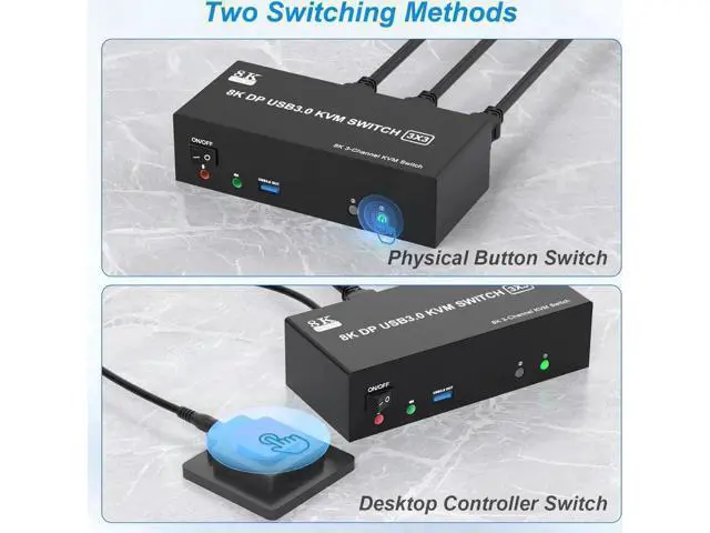 Alt view image 3 of 7 - 2 PCs Triple Monitor DP 1.4 KVM Switch 8K@60Hz 4K@144Hz USB 3.0, Audio & Mic Jack, 3 USB 3.0 Ports, Wired Remote & 5V Power Adapter Included for 2 Hosts Share 3 Displays
