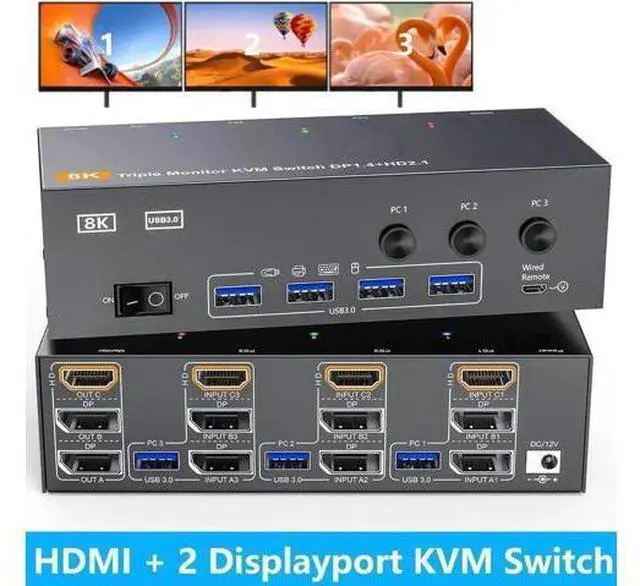 Main image of 3-Port Triple Monitor KVM Switch (1HDMI+2DP), 8K@60Hz 4K@144Hz, 4 USB3.0 Ports, Wired Remote, Power Adapter & USB Cables Included