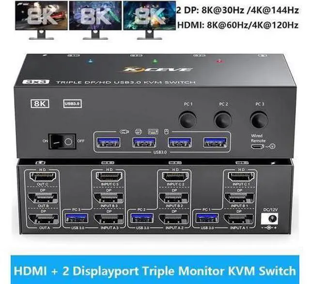 Main image of 3-In-3-Out Triple Monitor KVM Switch 8K@60Hz (HDMI+2DP), 4 USB 3.0 Ports for 3 PCs Share 3 Displays, Wired Remote, USB Cable & Power Adapter Included
