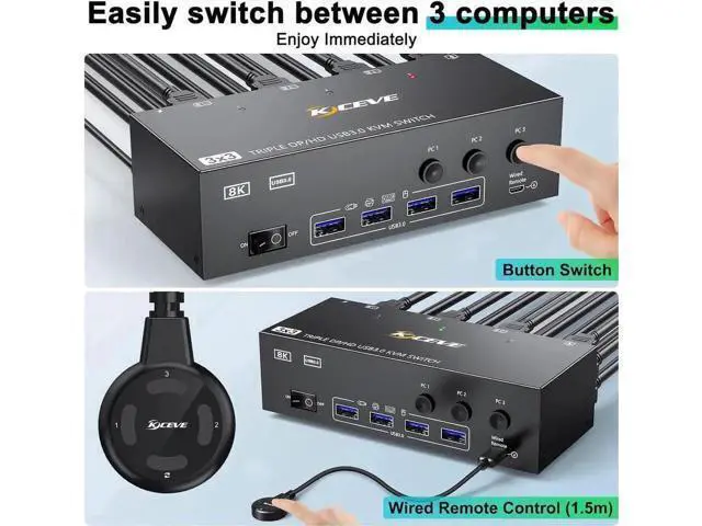 Alt view image 3 of 7 - 3 Port Triple Monitor KVM Switch (1HDMI+2DP), 8K@60Hz USB3.0 KVM Switcher with 4 USB3.0 Ports, Wired Remote, USB Cables & Power Adapter Included for 3 PCs Share 3 Displays Keyboard Mouse Printer