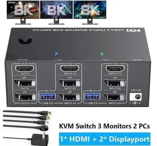 Main image of 2 Port Triple Monitor KVM Switch (1HDMI+2DP), 8K@60Hz 4K@144Hz USB3.0 KVM Switcher with 4 USB 3.0 Ports, Wired Remote & Power Adapter for 2 PCs Share 3 Displays Keyboard Mouse
