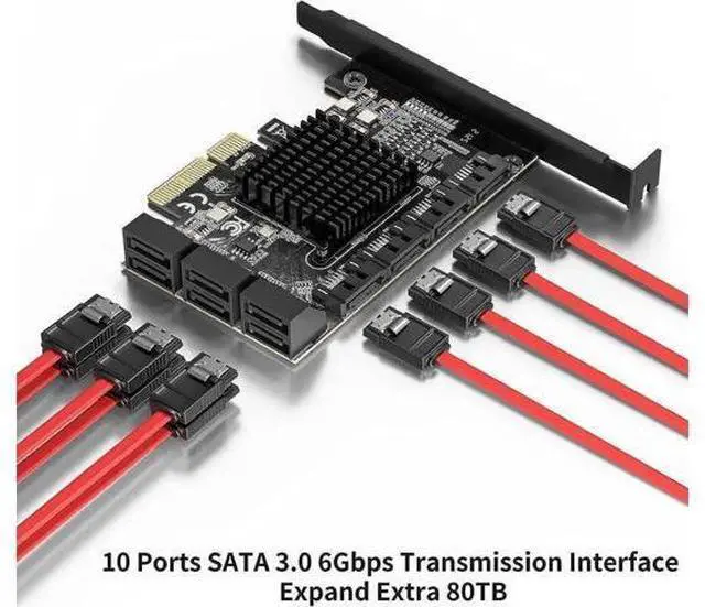 Alt view image 6 of 7 - 10 Port PCIe X4 SATA 3.0 Expansion Controller Card, 6Gbps Storage Adapter with 10 SATA Cables & 2 SATA Power Splitter Cables, Standard Bracket Included
