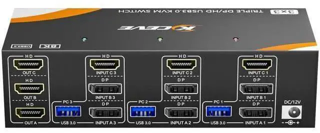 Main image of 3-In-3-Out Triple Monitor DP+HDMI KVM Switch 8K@60Hz 4K@144Hz, USB 3.0 KVM Switcher for 3 PCs Share Keyboard Mouse, Wired Remote & Power Adapter Included
