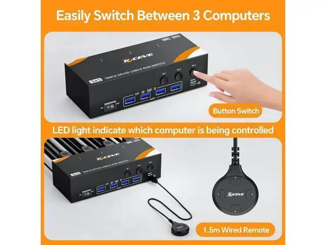 Alt view image 2 of 7 - 3-In-3-Out Triple Monitor DP+HDMI KVM Switch 8K@60Hz 4K@144Hz, USB 3.0 KVM Switcher for 3 PCs Share Keyboard Mouse, Wired Remote & Power Adapter Included