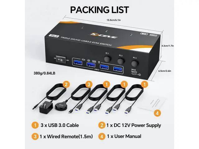 Alt view image 5 of 7 - 3-In-3-Out Triple Monitor DP+HDMI KVM Switch 8K@60Hz 4K@144Hz, USB 3.0 KVM Switcher for 3 PCs Share Keyboard Mouse, Wired Remote & Power Adapter Included