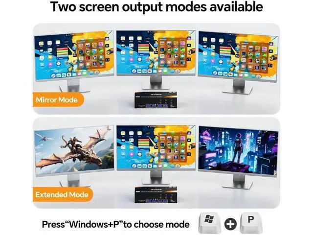 Alt view image 7 of 7 - 3-In-3-Out Triple Monitor DP+HDMI KVM Switch 8K@60Hz 4K@144Hz, USB 3.0 KVM Switcher for 3 PCs Share Keyboard Mouse, Wired Remote & Power Adapter Included