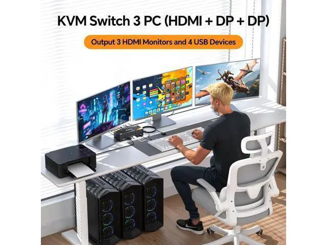 Alt view image 3 of 7 - 3-In-3-Out Triple Monitor DP+HDMI KVM Switch 8K@60Hz 4K@144Hz, USB 3.0 KVM Switcher for 3 PCs Share Keyboard Mouse, Wired Remote & Power Adapter Included