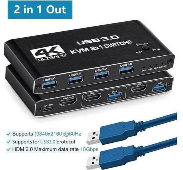 Main image of 2 Port HDMI 2.0 KVM Switch 4K@60Hz, 2 In 1 Out USB 3.0 KVM Switcher with 4 USB3.0 Ports for 2 PCs Share Monitor Keyboard Mouse