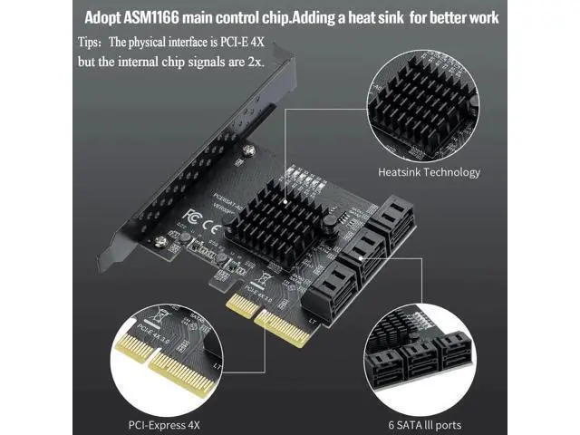 Alt view image 2 of 7 - PCIe 4X to 6-Port SATA 3.0 Expansion Card, 6Gbps SATA Controller Card with LED Activity Indicator, Comes with 6 SATA Data Cables & 15-Pin Power Cord, Compatible with Windows & Linux Systems