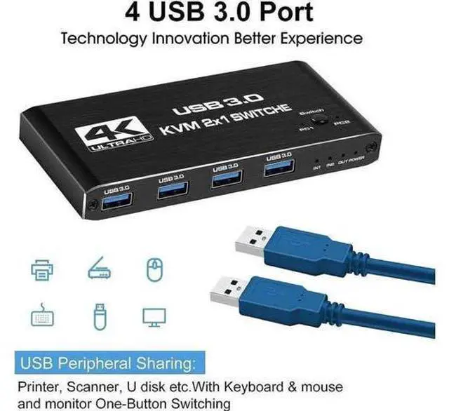 Alt view image 6 of 7 - 2 Port HDMI 2.0 KVM Switch 4K@60Hz, 2 In 1 Out USB 3.0 KVM Switcher with 4 USB3.0 Ports for 2 PCs Share Monitor Keyboard Mouse