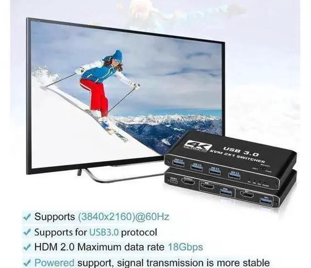 Alt view image 7 of 7 - 2 Port HDMI 2.0 KVM Switch 4K@60Hz, 2 In 1 Out USB 3.0 KVM Switcher with 4 USB3.0 Ports for 2 PCs Share Monitor Keyboard Mouse