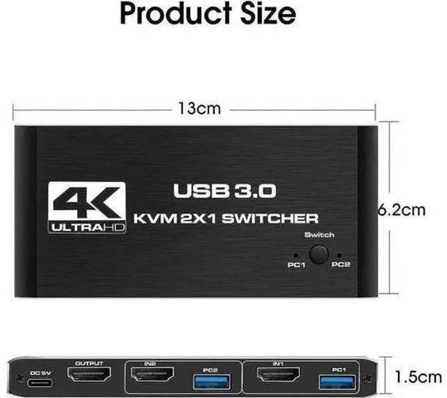 Alt view image 5 of 7 - 2 Port HDMI 2.0 KVM Switch 4K@60Hz, 2 In 1 Out USB 3.0 KVM Switcher with 4 USB3.0 Ports for 2 PCs Share Monitor Keyboard Mouse