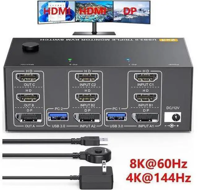 Main image of 2 In 3 Out Triple Monitor 2HDMI+DP Hybrid KVM Switch 8K@60Hz 4K@144Hz USB 3.0, Support Extended Display, Wired Controller & USB 3.0 Cables Included for 2 PCs Share 3 Displays