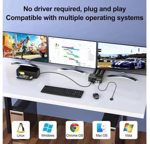 Alt view image 4 of 7 - 2 In 3 Out Triple Monitor 2HDMI+DP Hybrid KVM Switch 8K@60Hz 4K@144Hz USB 3.0, Support Extended Display, Wired Controller & USB 3.0 Cables Included for 2 PCs Share 3 Displays
