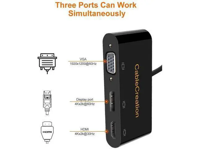 Alt view image 3 of 6 - 3 in 1 MST USB-C Multiport Video Adapter, Type-C to HDMI VGA DisplayPort Converter, Triple Multi-Screen Display, Black Dock Compatible with MacBook Pro 2020, iPad Pro 2018, Dell XPS, HP Spectre x360,