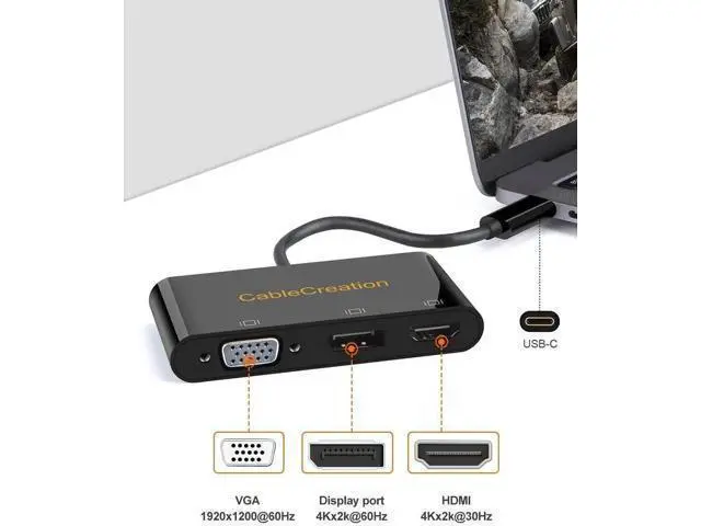 Alt view image 6 of 6 - 3 in 1 MST USB-C Multiport Video Adapter, Type-C to HDMI VGA DisplayPort Converter, Triple Multi-Screen Display, Black Dock Compatible with MacBook Pro 2020, iPad Pro 2018, Dell XPS, HP Spectre x360,