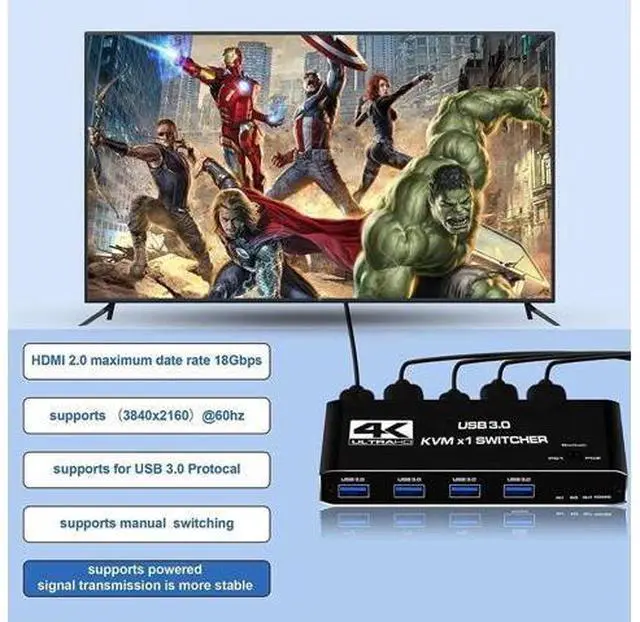 Alt view image 2 of 7 - 2 Port USB-C HDMI 2.0 KVM Switch 4K@60Hz, 2 in 1 Out KVM Console with 4 USB 3.0 Ports for 2 PCs Share Monitor Keyboard Mouse